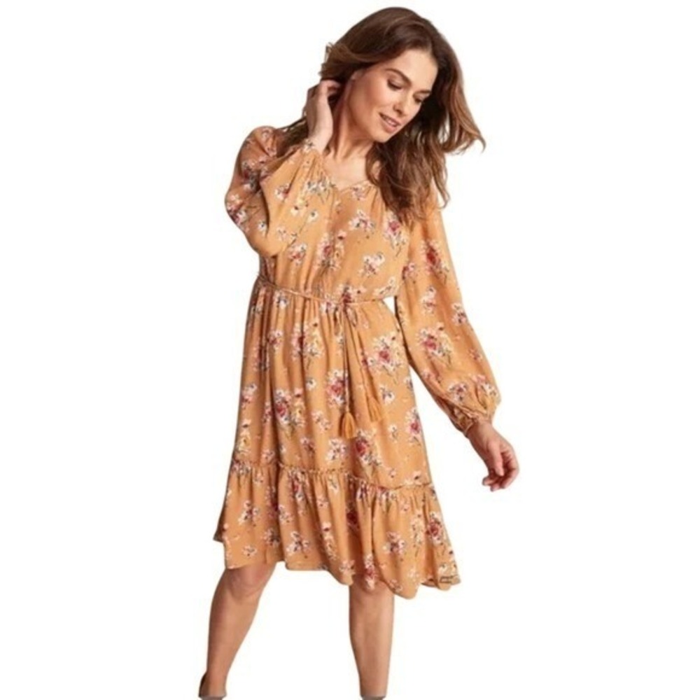 Matilda Jane Floral V-Neck Boho Lined Mini Dress with Tassel Waist Size‎ Medium